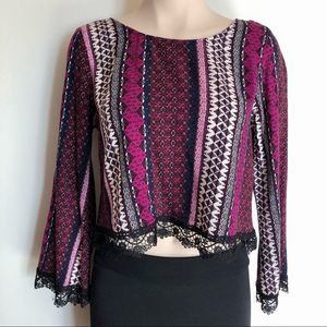 Divided Women's Cropped Boho Lace Hem Blouse - Magenta, Black, White